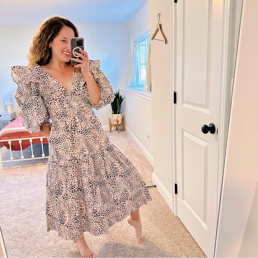 NWT Sea New York White Brown Animal Printed Puff Sleeve Maxi Dress 6